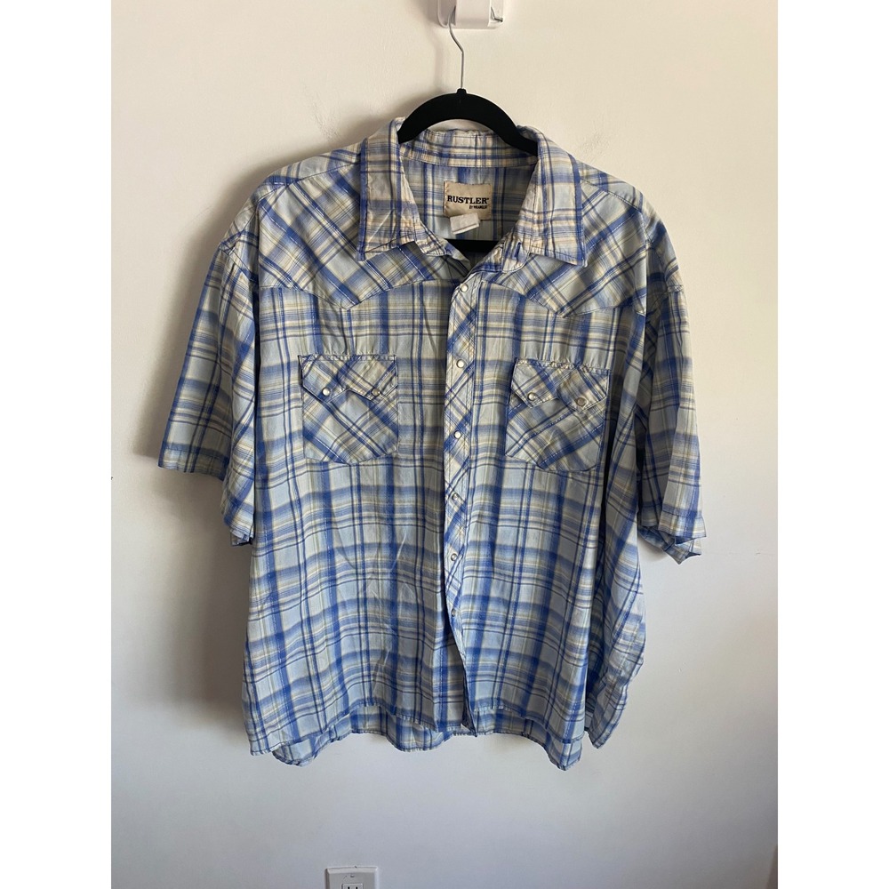 Rustler by Wrangler Mens Blue Plaid‎ Western Pearl Snap Short Sleeve Shirt 3XL